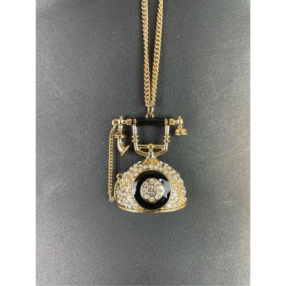 Telephone Necklace Rhinestones Costume Vintage Whimsical Long Chain - Picture 7 of 10